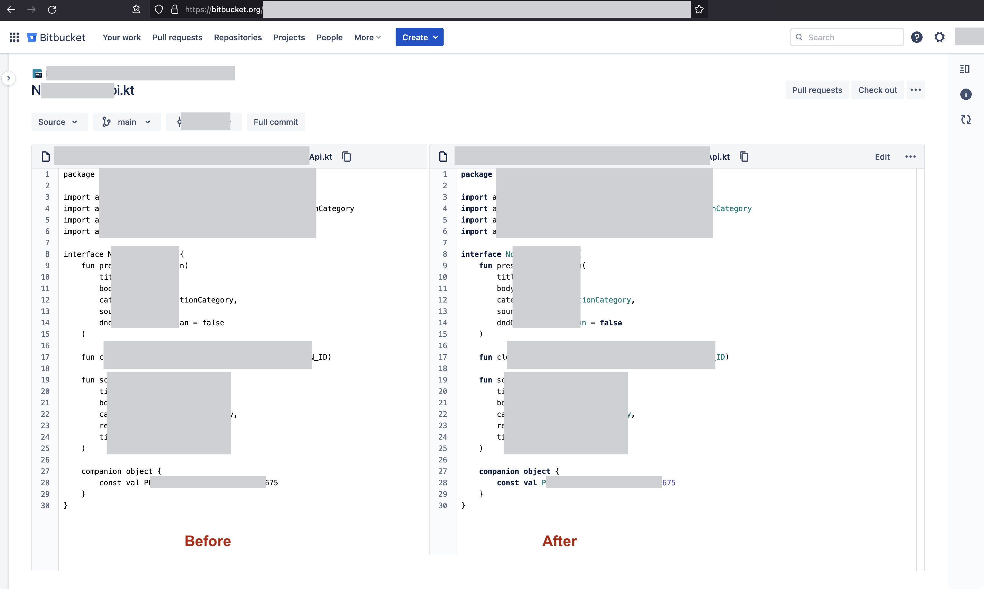 Before & After applying syntax highlighting to a kotlin source code